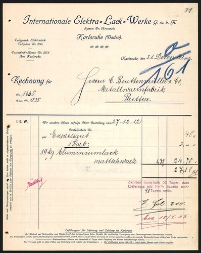 Rechnung karlsruhe 1912 - rechnung,